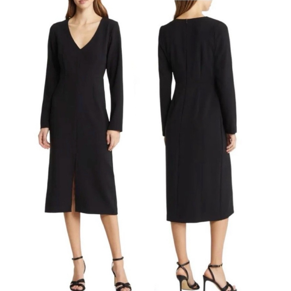 Nordstrom V-Neck Long Sleeve Midi Front Sleeve Sheath Dress in Black